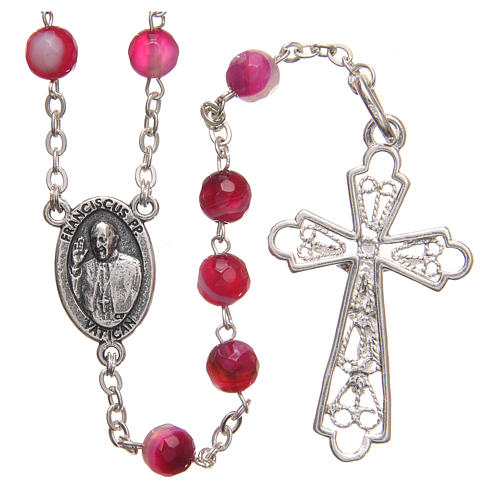 STOCK Rosary beads in Brazilian agate and sterling silver with Jubilee symbol 6mm fuchsia 2