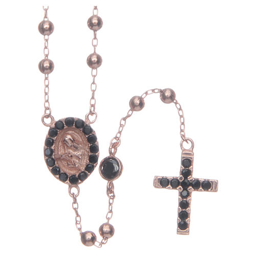 Klassischer, rosa "Heilige Rita" Rosenkranz, schwarze Zirkone, Silber 925 1