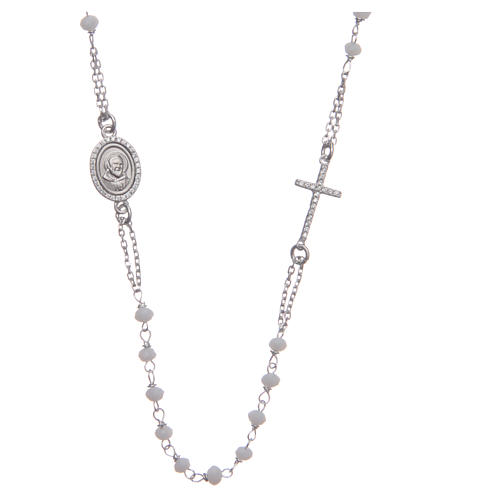 Rosary choker Saint Pio white with white zircons in 925 sterling silver 1