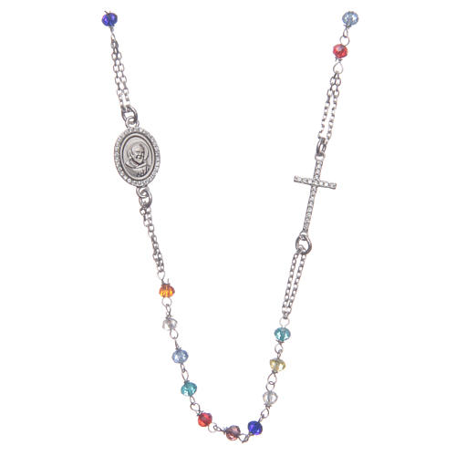 Rosary choker Saint Pio multicoloured with white zircons in 925 sterling silver. 1