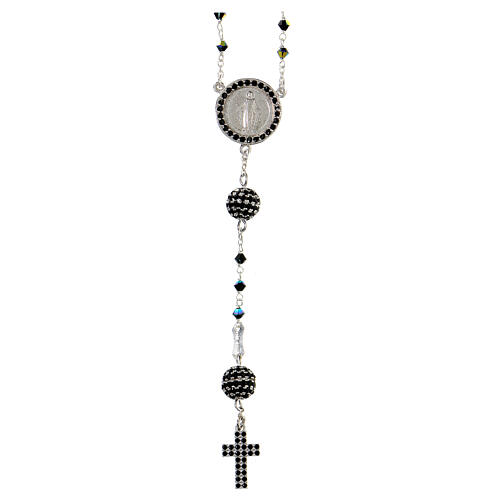 Rosary in 925 sterling silver with black strass beads and zircons on Pater 1