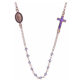Rosary choker in 925 sterling silver rosè with purple strass beads