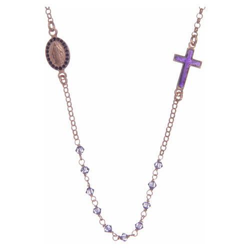 Rosary choker in 925 sterling silver rosè with purple strass beads 1