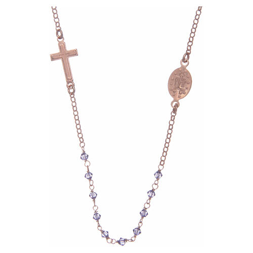 Rosary choker in 925 sterling silver rosè with purple strass beads 2