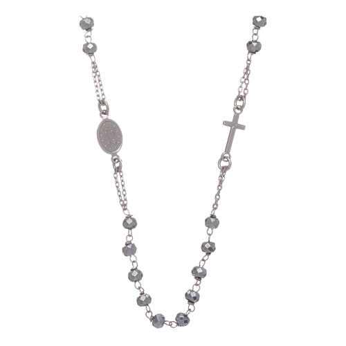 Collana Rosario Girocollo In Argento Sterling 925 Con Medaglietta Madonna Dei Miracoli E Croce, Unisex, Made In Italy
