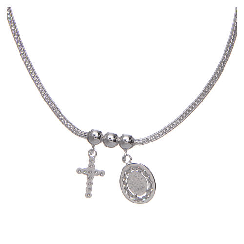 Necklace in in 925 sterling silver finished in rhodium, with Miraculous medalet and a cross with strass 1