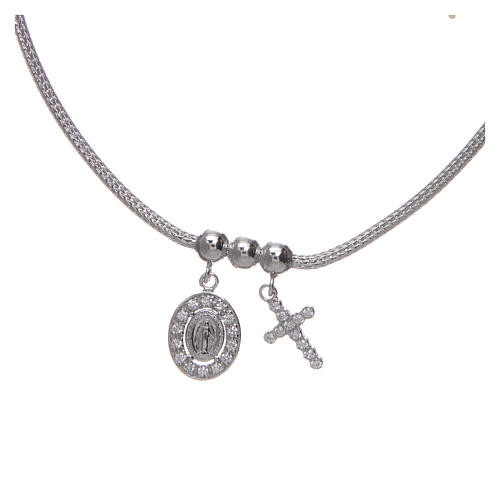 Necklace in in 925 sterling silver finished in rhodium, with Miraculous medalet and a cross with strass 2