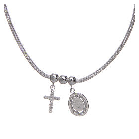 Naszyjnik ze srebra 925 rodowanego medalik Cudowna Madonna i Krzyż ze strasem