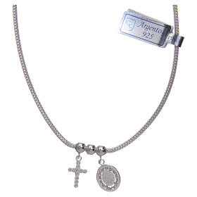 Necklace in in 925 sterling silver finished in rhodium, with Miraculous medalet and a cross with strass