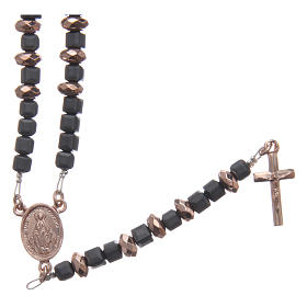 Rosary in 925 sterling silver with cube hematite washers and rosè multifaceted beads sized 6x3 mm