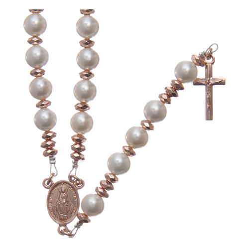 Rosary in 925 sterling silver with pearl beads and rosè multifaceted hematite washers 1
