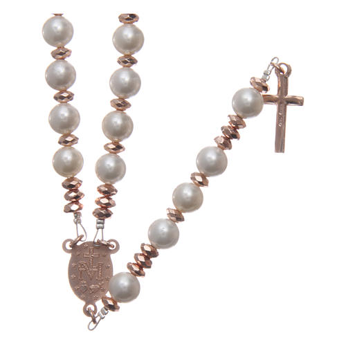 Rosary in 925 sterling silver with pearl beads and rosè multifaceted hematite washers 2