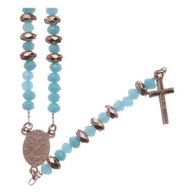 Rosary in 925 sterling silver with light blue crystal and cipollino marble beads and rosè hematite washers