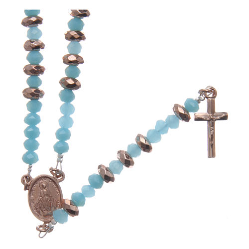 Rosary in 925 sterling silver with light blue crystal and cipollino marble beads and rosè hematite washers 1