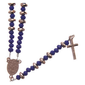 Rosary in 925 sterling silver with blue crystal and cipollino marble beads and rosè hematite washers