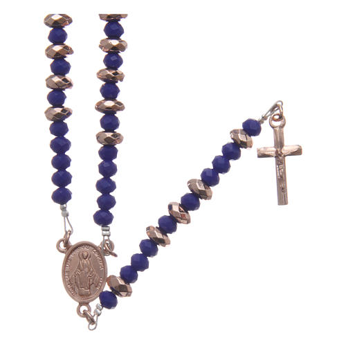 Rosary in 925 sterling silver with blue crystal and cipollino marble beads and rosè hematite washers 1