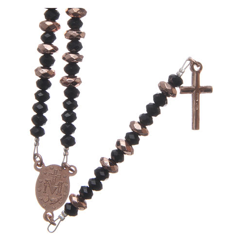 Rosary in 925 sterling silver, with black crystal and cipollino marble beads and multifaceted rosè hematite washers 2