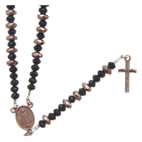 Rosary in 925 sterling silver, with black crystal and cipollino marble beads and multifaceted rosè hematite washers 1