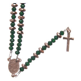 Rosary in 925 sterling silver with green crystal and cipollino marble beads and multifaceted rosè hematite washers
