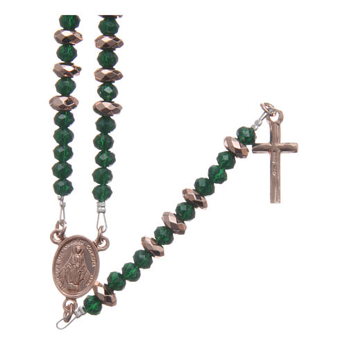 Rosary in 925 sterling silver with green crystal and cipollino marble beads and multifaceted rosè hematite washers 1