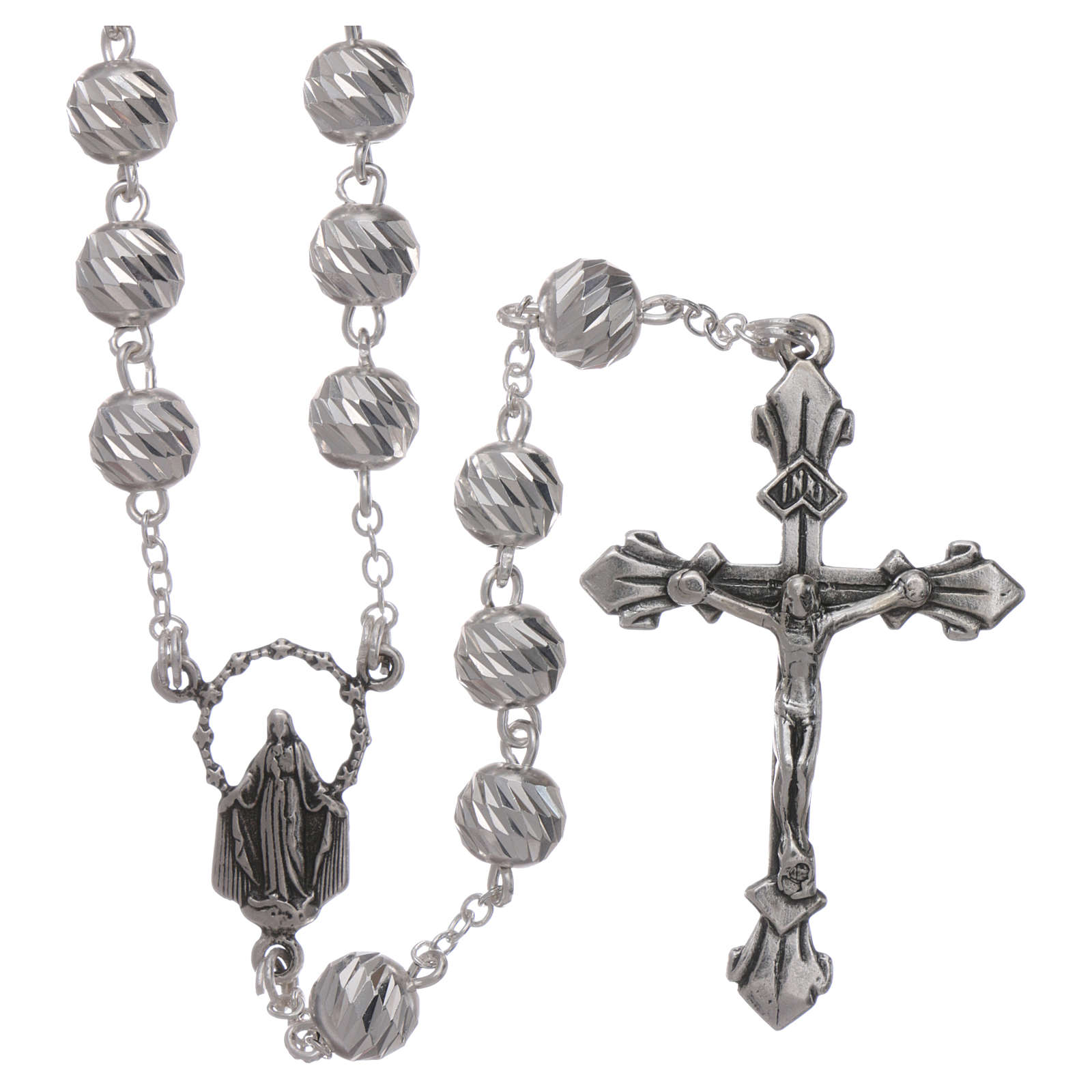 Silver Plate Rosary Bracelet features 6mm Zircon Fire Polished beads The Crucifix measures 5/8 x 1/4 Patron Saint Bachelors/Poland The charm features a St Casimir of Poland medal 