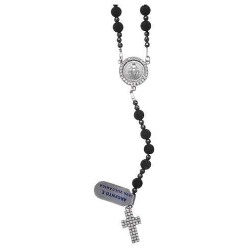Rosary in 925 silver and lava rock with white zircons, grain 6 mm 1