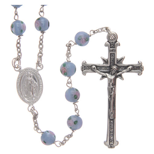 Glass rosary light blue beads with roses 6 mm and 925 silver 1