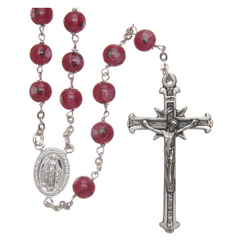 Rosary in pink glass with thread in 925 silver and roses diameter 6 mm 1