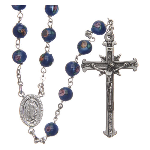 Rosary in blue decorated glass and 925 silver, 6 mm beads 1