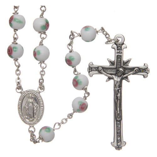 Rosary in decorated white glass with thread in 925 silver diameter 6 mm 1