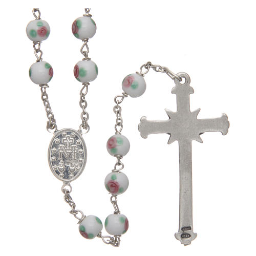 Rosary in decorated white glass with thread in 925 silver diameter 6 mm 2