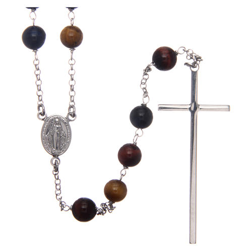 AMEN rosary in rhodium-plated 925 silver with round tiger's eye beads 1