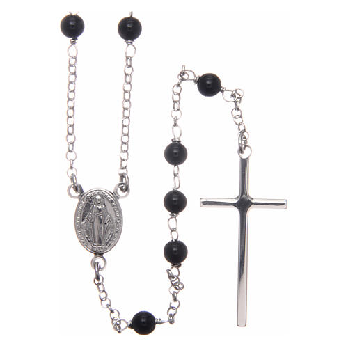 AMEN rosary in rhodium-plated 925 silver with round onyx beads 1