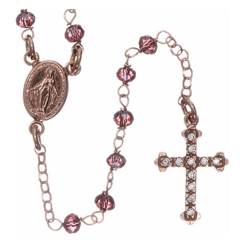 AMEN rosary 925 silver with rosé finish violet crystals white zircons round beads 1