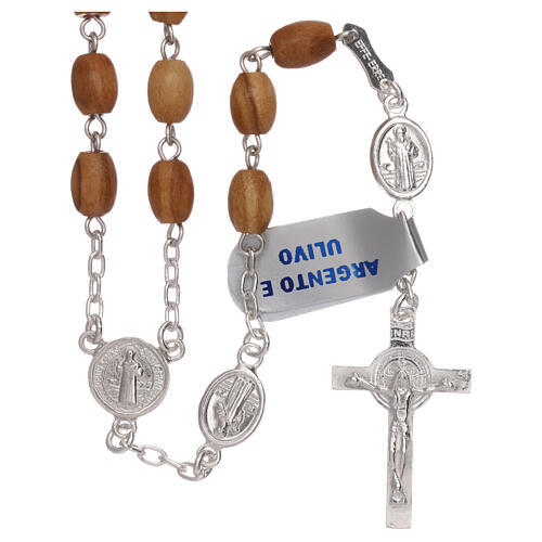Rosary with St Benedict's pater, 925 silver and olivewood 1