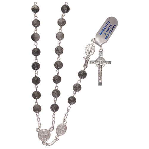 Rosary with Saint Benedict's pater, 925 silver and Mexican agate 1