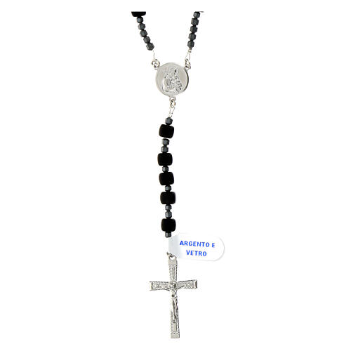 Rosary with cross in 925 silver and cube beads in black glass 1