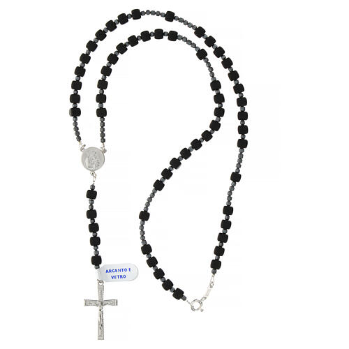 Rosary with cross in 925 silver and cube beads in black glass 3