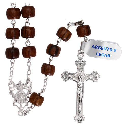 Rosary with cross and cross in 925 silver and wooden barrel beads 1
