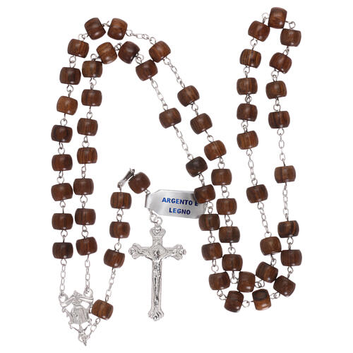 Rosary 925 silver cross and medal and cylindrical wood beads 4