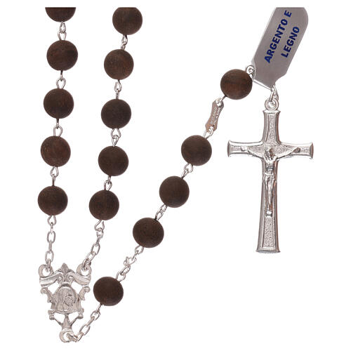 Rosary with wood beads and 925 silver cross and medal 1