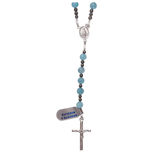 Rosary with cross in 925 silver and beads in angelite and hematite 1