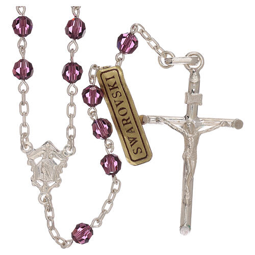 Rosary with chain, cross and cross made of 800 silver and violet strass beads 1