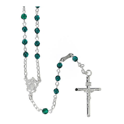 Rosary with chain, cross and cross made of 800 silver and green strass beads 1