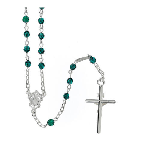 Rosary with chain, cross and cross made of 800 silver and green strass beads 2