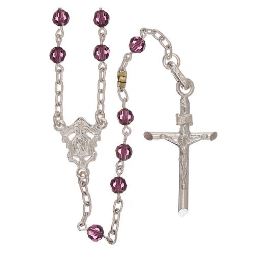 Rosary with chain, cross and cross made of 800 silver and pink strass beads 1