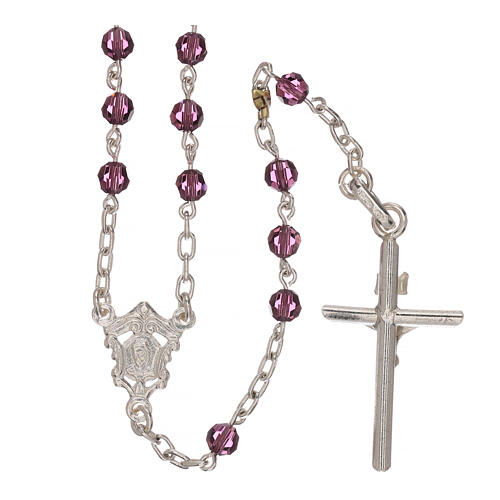 Rosary with chain, cross and cross made of 800 silver and pink strass beads 2