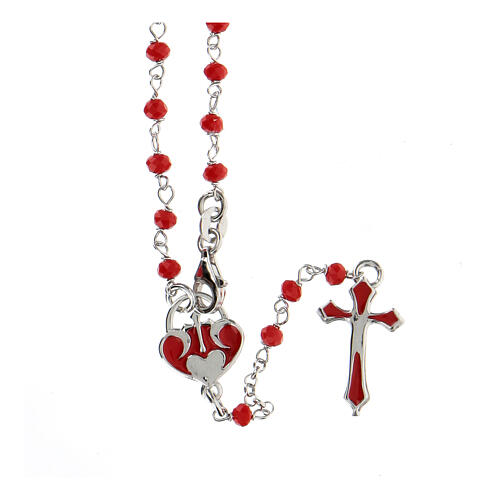 Rosenkranz aus 925er Silber mit Herz und Perlen in Rosenform, rot 1