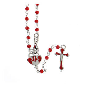 Rosary with red stones and heart-shaped medal, 925 silver
