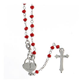 Rosary with red stones and heart-shaped medal, 925 silver